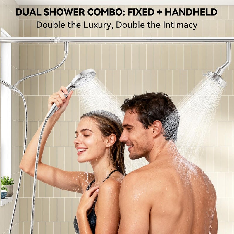 NTPN Dual Shower Head with Handheld for Couples, High Pressure Double Shower Heads for Two People Rod, Two Showerhead System Fit 2 Person, Gifts for Women Men, SPA-Like (Chrome, Segmented Design) - Image 3